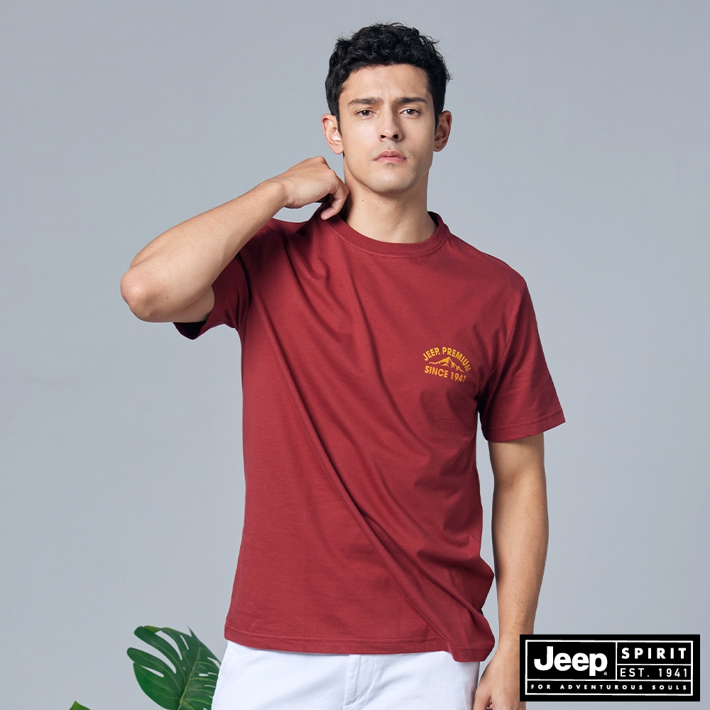 JEEP 男裝 品牌LOGO山岳圖騰短袖T恤-紅色