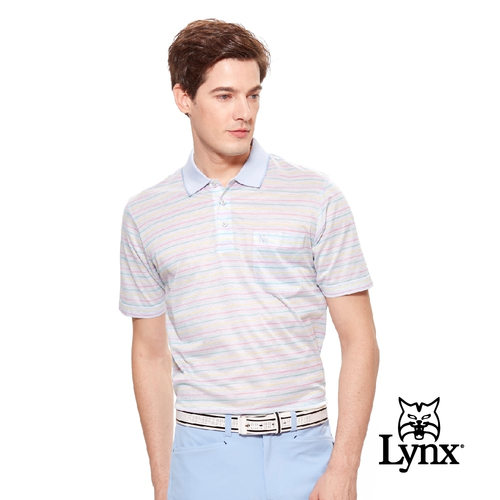 【Lynx Golf】男款義大利進口絲光條紋短袖POLO衫-淺藍色