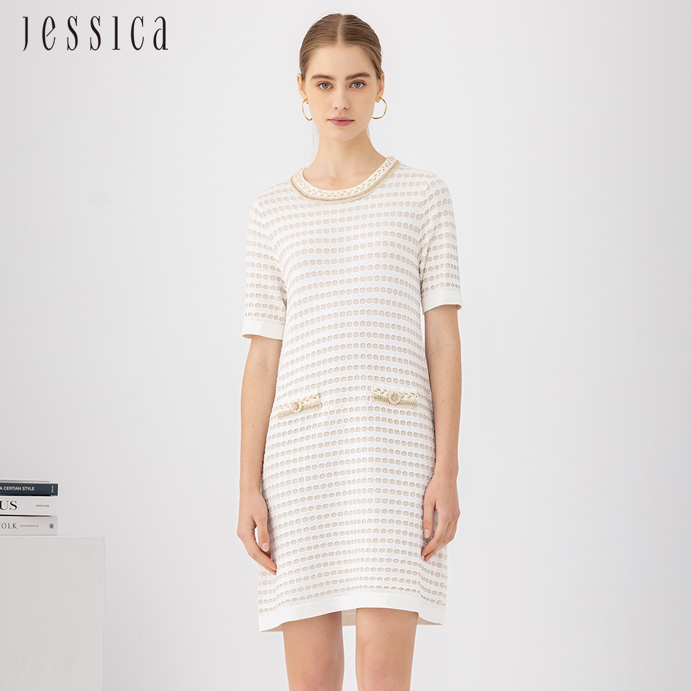 JESSICA - 優雅寬鬆金蔥立體編織短袖針織洋裝22417F（白）