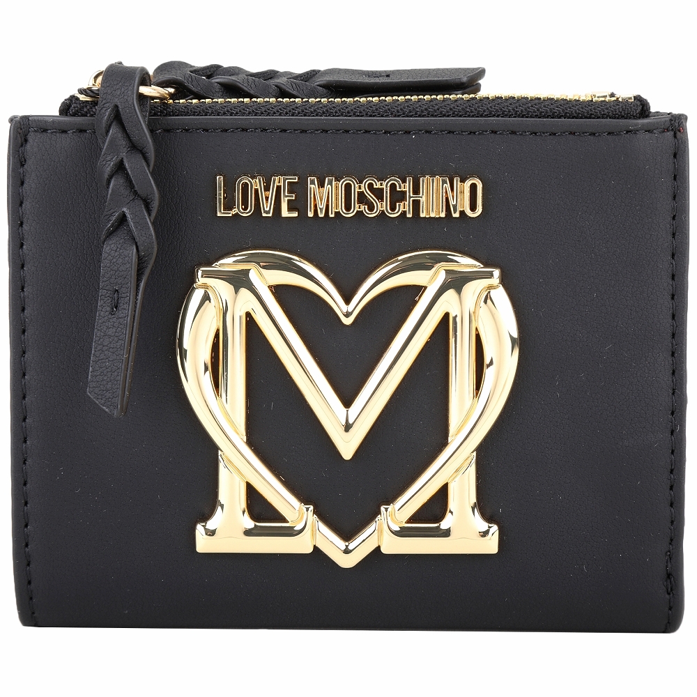 LOVE MOSCHINO 愛心字母金屬標誌雙零袋皮革對折短夾(黑色)