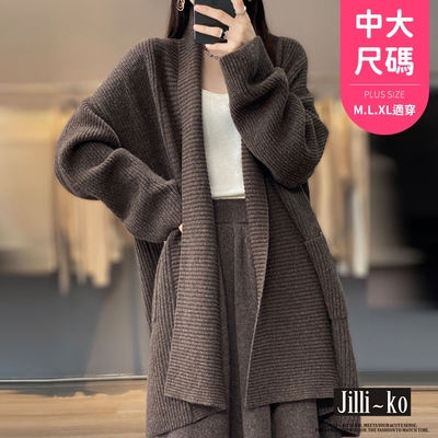 JILLI-KO 慵懶風針織外套女中長款外搭風衣寬鬆中大碼- 咖/卡