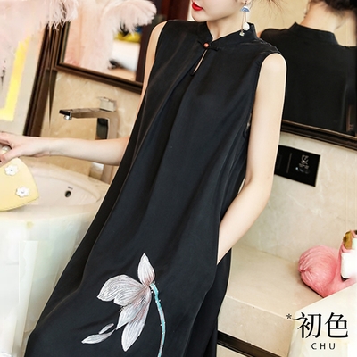 初色 旗袍式復古寬鬆顯瘦立領無袖素色連身裙洋裝-黑色-33729(M-2XL可選)