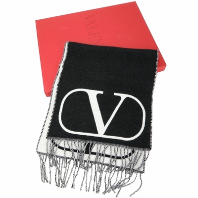 VALENTINO V LOGO 撞色標誌羊毛絨流蘇披肩 圍巾(黑白色)