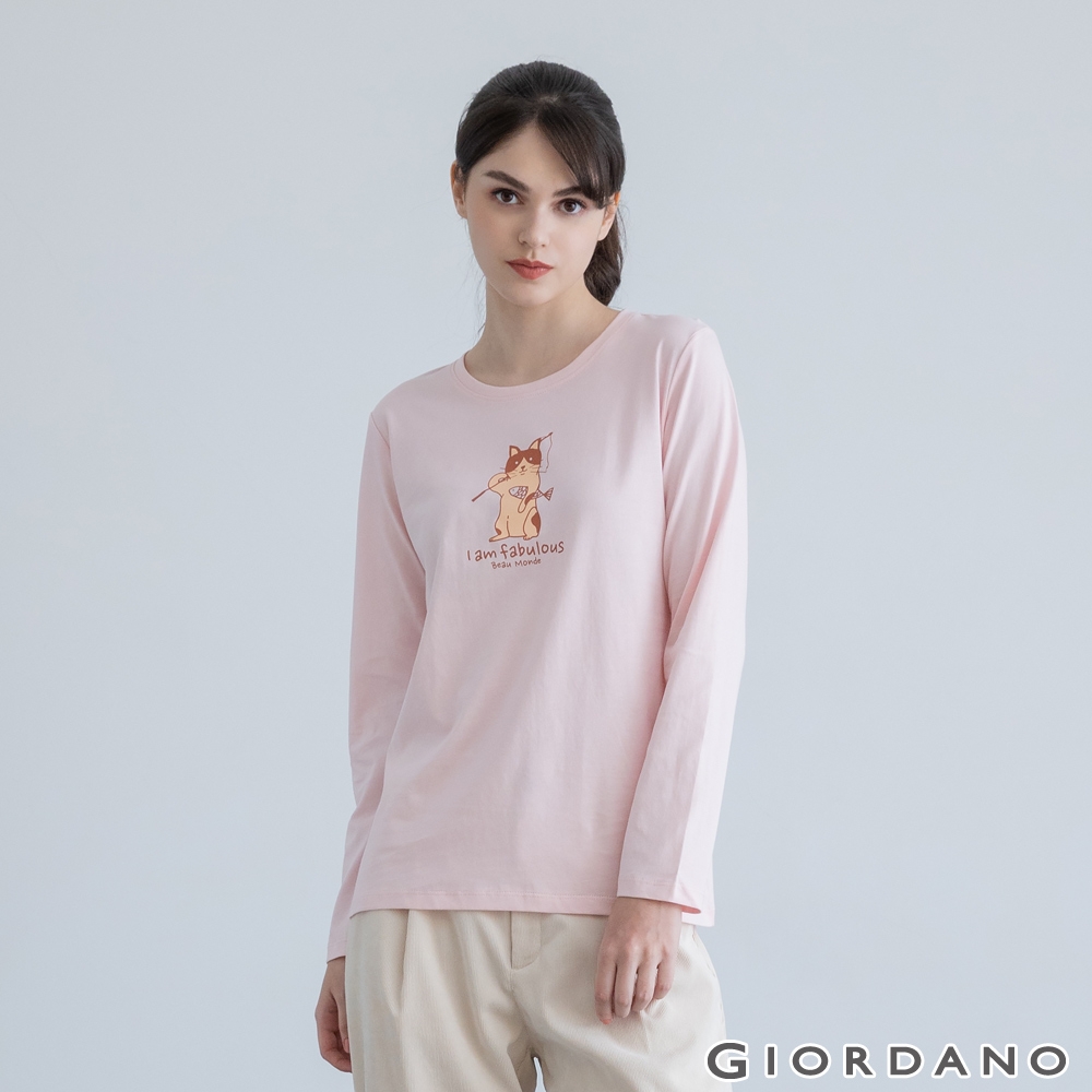 GIORDANO 女裝可愛動物印花長袖T恤 - 01 淡珍珠紅