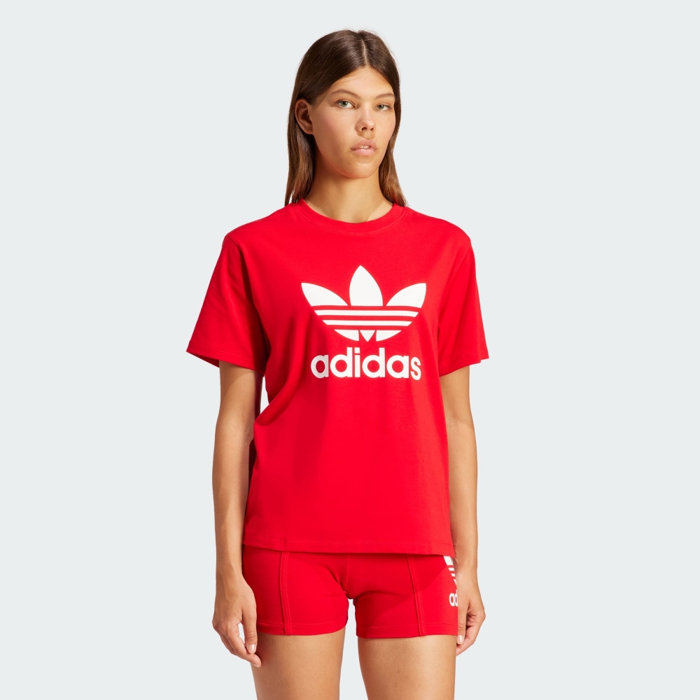 adidas 愛迪達 上衣 女款 短袖上衣 運動 三葉草 TREFOIL TEE 紅 IR9536