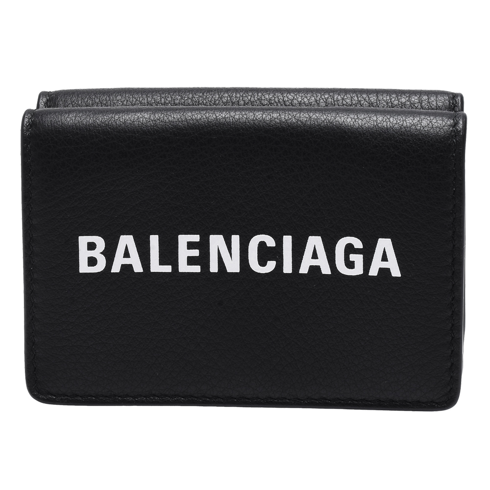 BALENCIAGA Everyday Mini品牌粗體字母LOGO小牛皮暗釦迷你短夾-黑