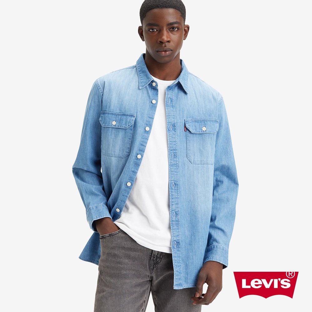 Levis 男款 寬鬆中長版牛仔襯衫 / 精工輕藍染水洗