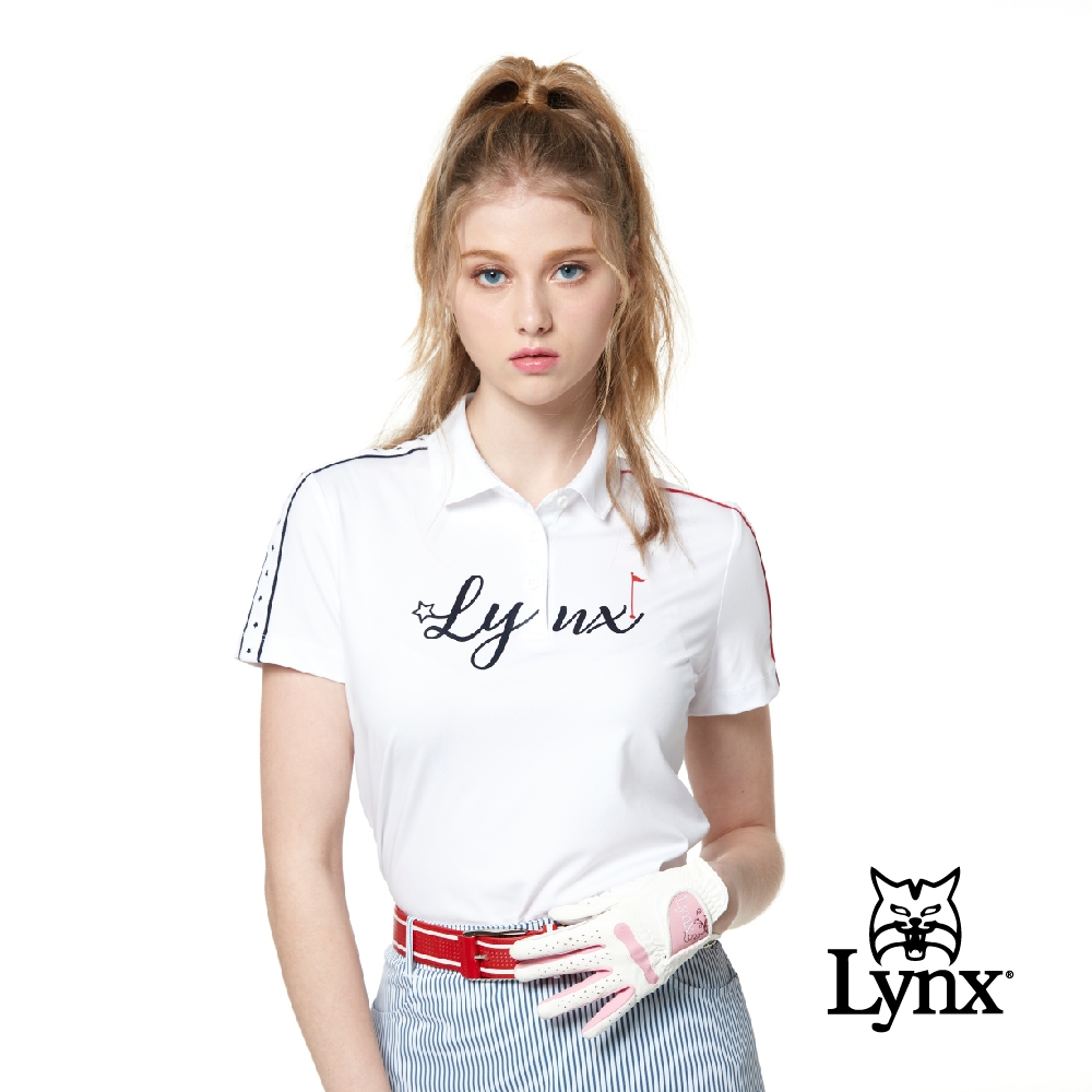 【Lynx Golf】Korea 女款兩肩織標設計Lynx字樣印花短袖POLO衫-白色