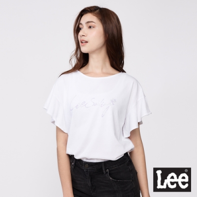 Lee 女款 荷葉袖草寫細金蔥Logo圓領T恤 淨白