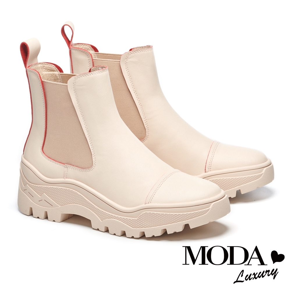 短靴 MODA Luxury 童趣潮流跳色線條牛皮厚底短靴－紅