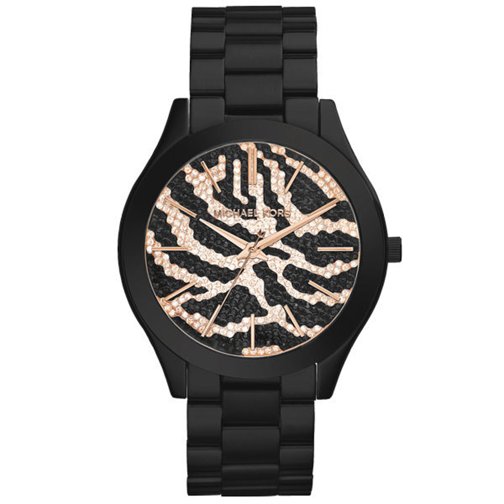 Michael Kors 氣質狂野豹紋晶鑽腕錶-玫瑰金X黑/42mm
