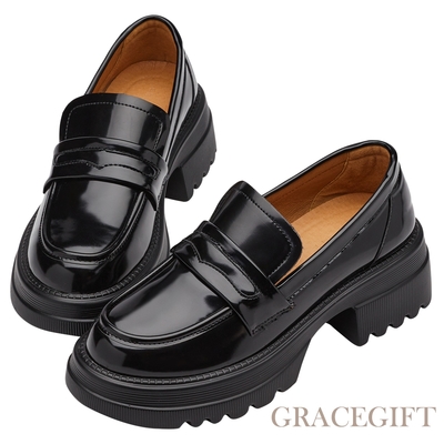【Grace Gift】英倫便仕輕量軟墊厚底樂福鞋 黑