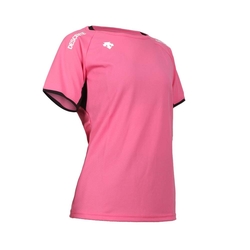 DESCENTE 迪桑特 女排球短袖T恤-運動 上衣 迪桑特 吸濕速乾 DVB-5223WBT-PPK 粉紅白黑