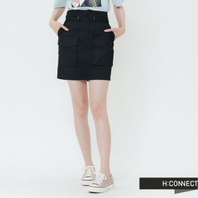 H:CONNECT 韓國品牌 女裝-雙口袋鬆緊花苞短裙-黑