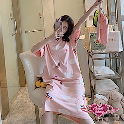 居家睡衣 可愛彩虹 一件式睡裙 圖案簡約休閒居家服 (粉色F) AngelHoney天使霓裳