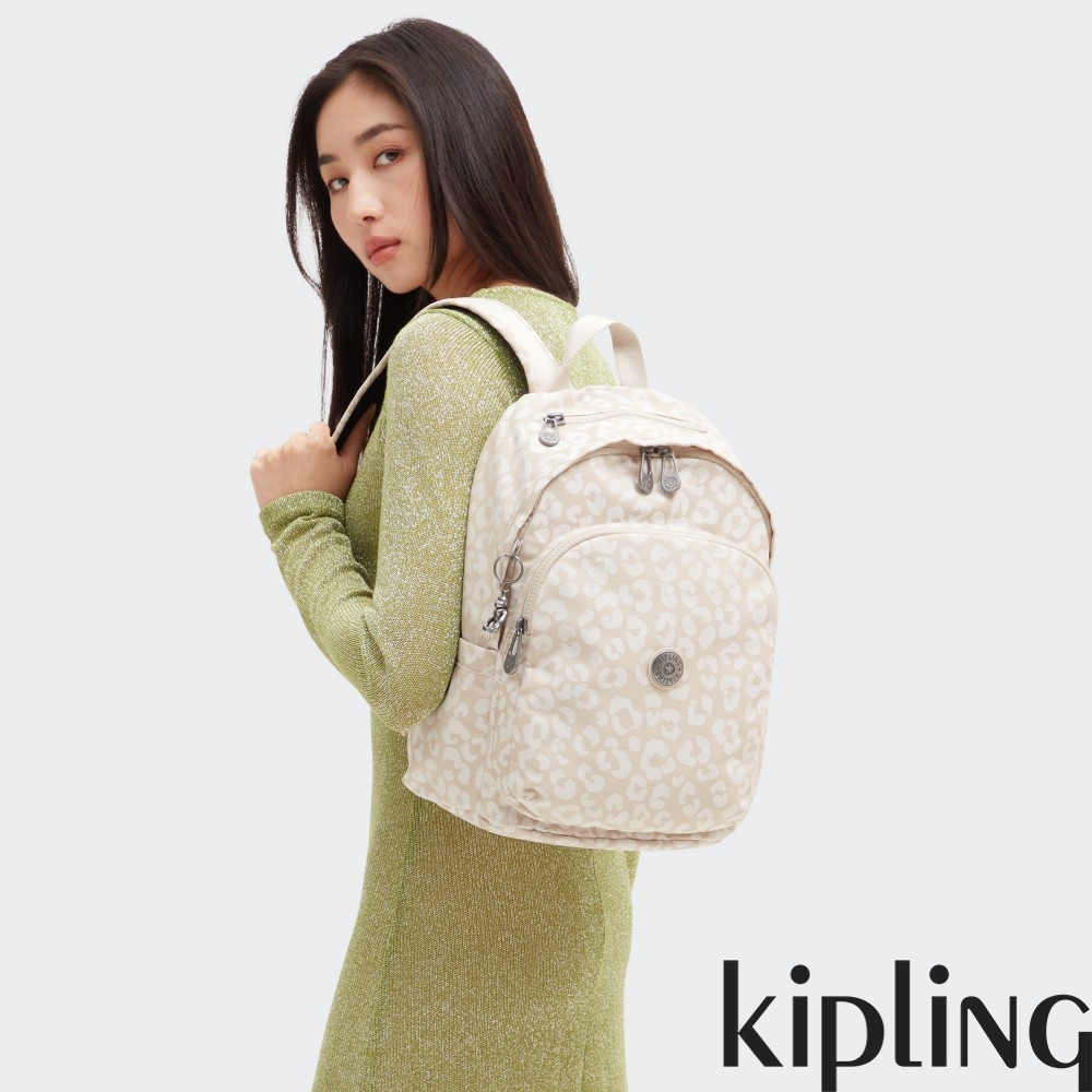 Kipling 米杏豹紋印花上方拉鍊後背包-DELIA