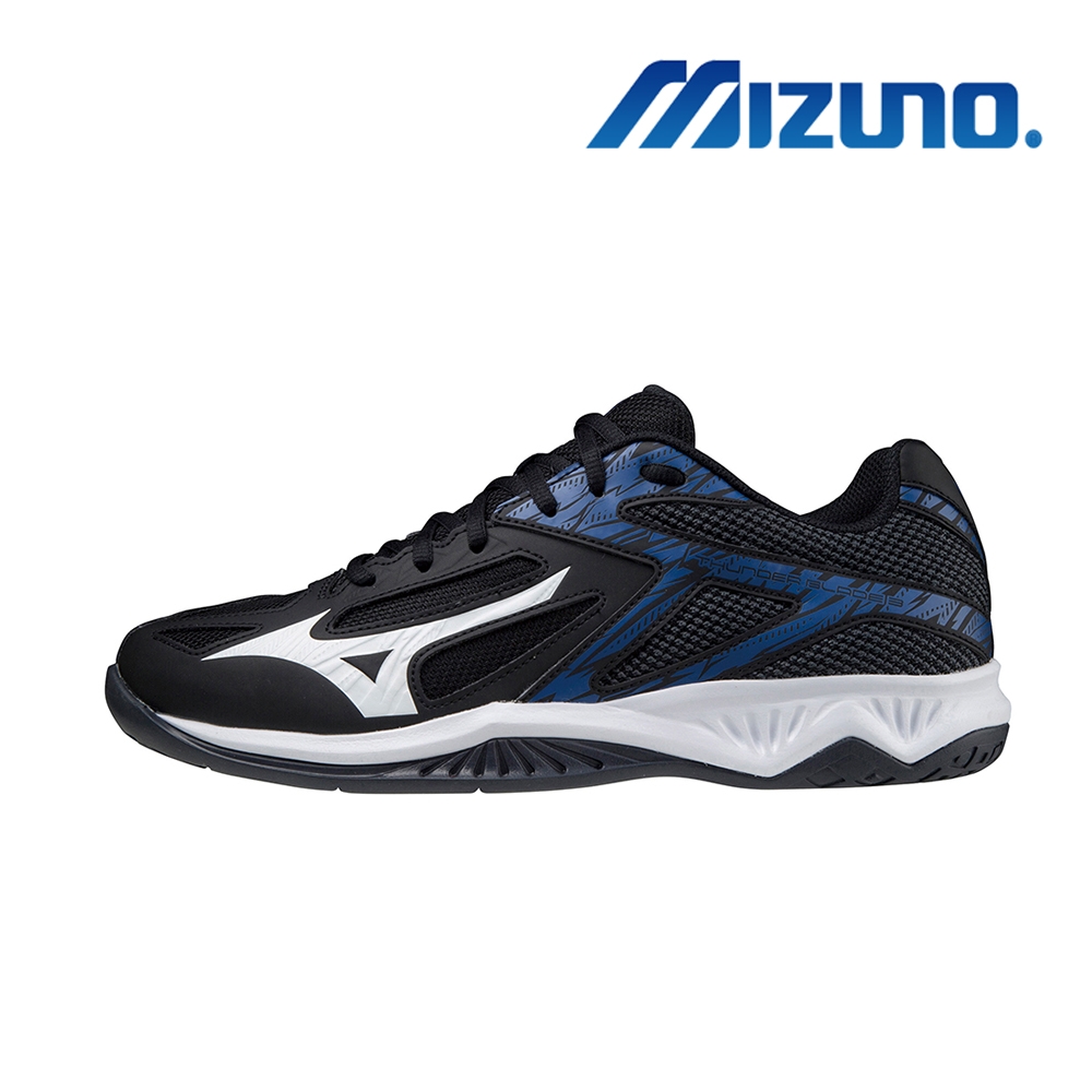 【MIZUNO 美津濃】THUNDER BLADE 3 排球鞋 黑+藍 楦頭2.5E 步伐穩定 避震(V1GA217010)