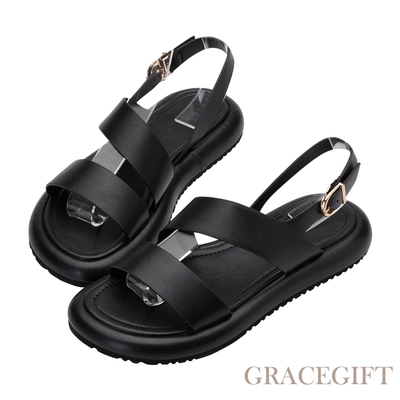 【Grace Gift】率性雙帶皮革涼鞋 黑