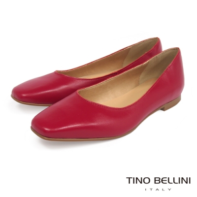 Tino Bellini 義大利進口摩登牛皮小方頭平底鞋-紅