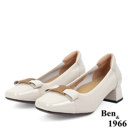 Ben&1966高級頭層牛皮大方金屬釦方頭粗跟鞋-米白(238052)