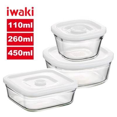 【iwaki】日本品牌耐熱玻璃微波密封盒3入組-方形白蓋(110ml+260ml+450ml)