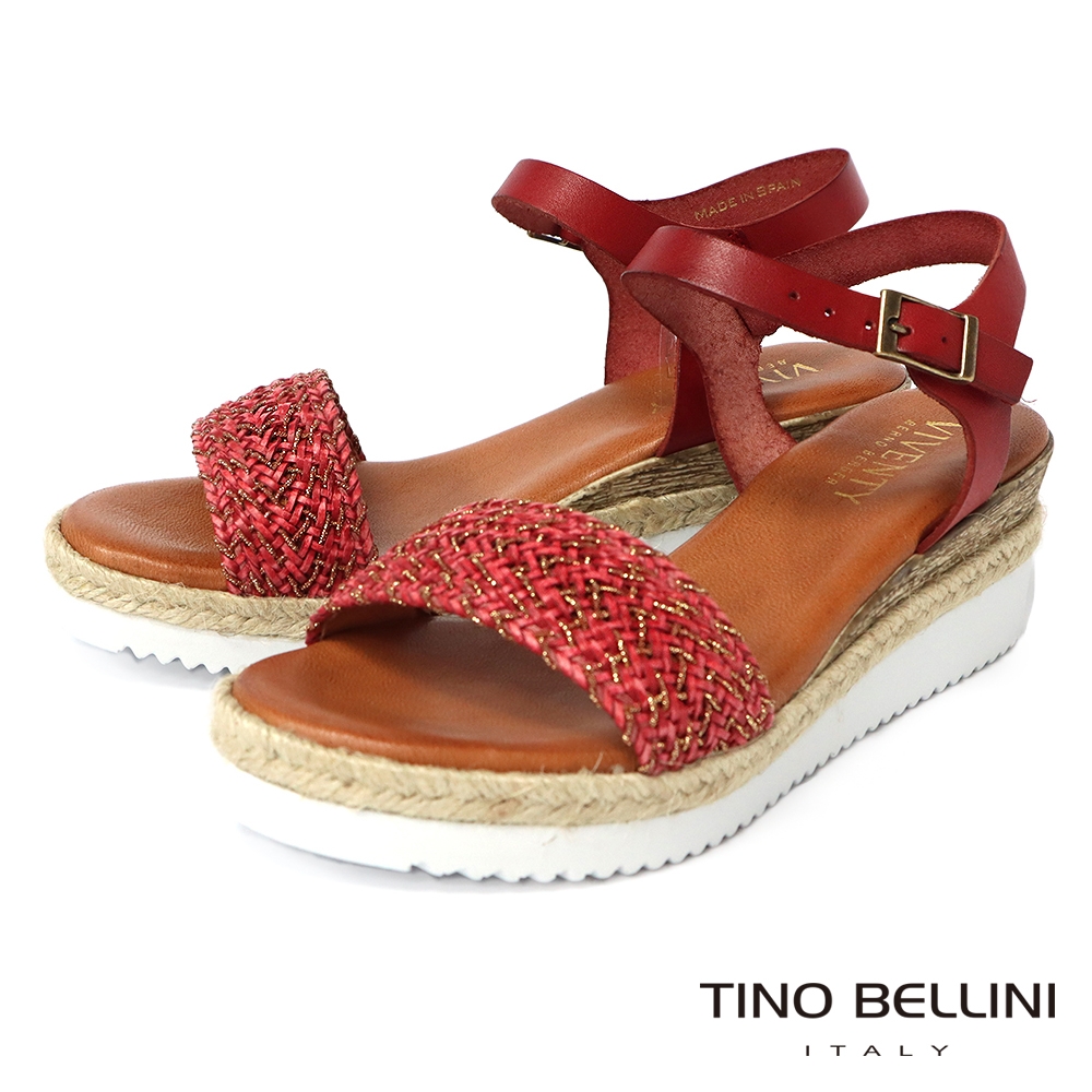 Tino Bellini 西班牙進口金蔥混織牛皮繫帶增高涼鞋-紅