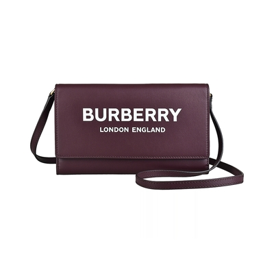 BURBERRY Hazelmere白字LOGO牛皮12卡釦式斜背長夾(酒紅)