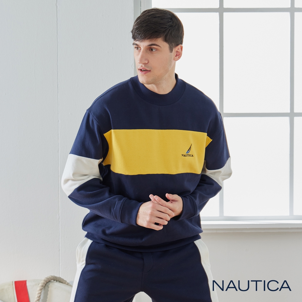 Nautica 男裝 時尚撞色拼接長袖T恤-深藍