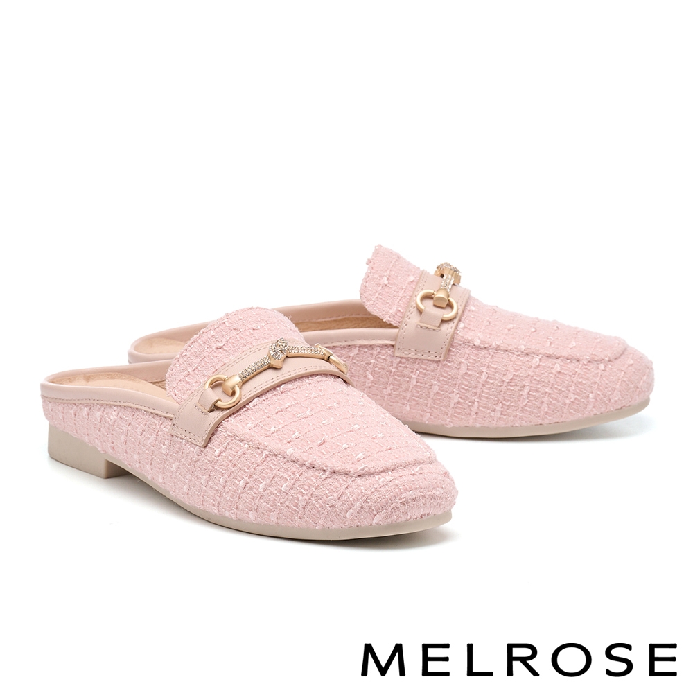 穆勒鞋 MELROSE 美樂斯 高雅品味晶鑽一字釦毛呢布穆勒低跟拖鞋－粉