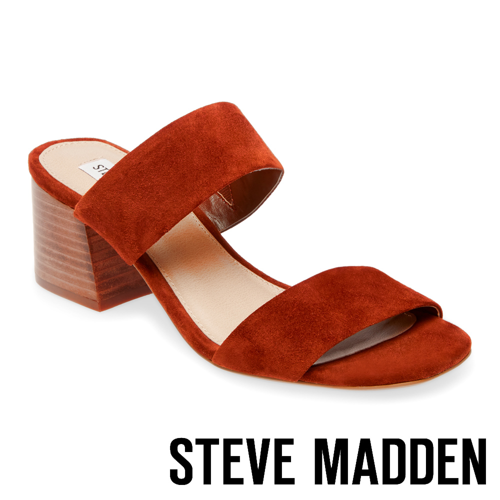 STEVE MADDEN-CATERINA真皮寬版二字帶涼跟鞋-絨咖