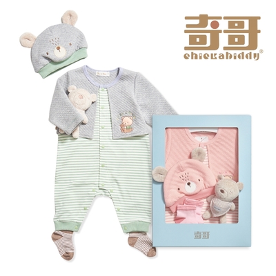 奇哥 Chic a Bon 可愛小熊假兩件兔裝/連身衣4件組禮盒 3-6個月(兔裝+帽子+襪子+娃娃 彌月禮 附提袋)