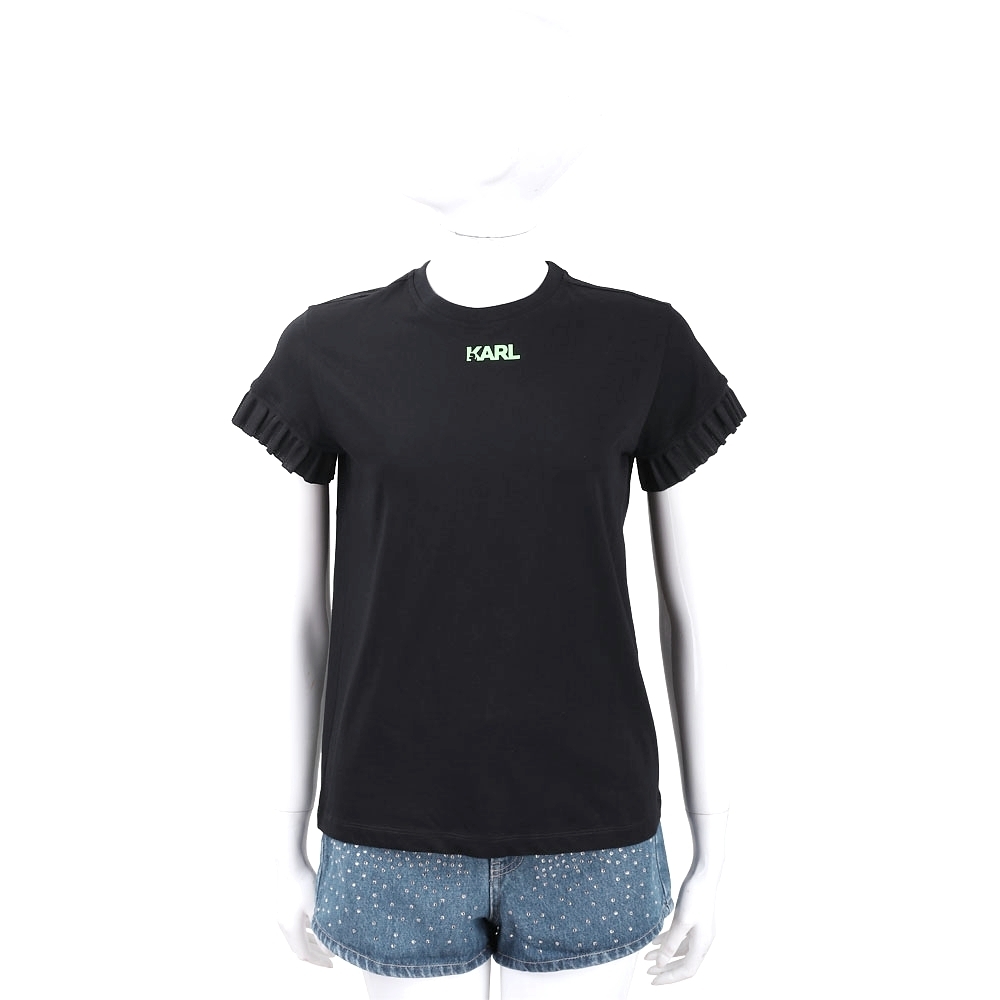 KARL LAGERFELD Neon Lights 螢光字母荷葉袖黑色棉質T恤