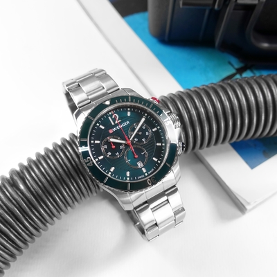 WENGER / Seaforce 海神 三眼計時 潛水錶 日期 防水 不鏽鋼手錶-藍綠色/43mm