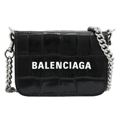 BALENCIAGA 巴黎世家 英字LOGO鱷魚壓紋牛皮可斜背三折零錢短夾/迷你WOC(黑)