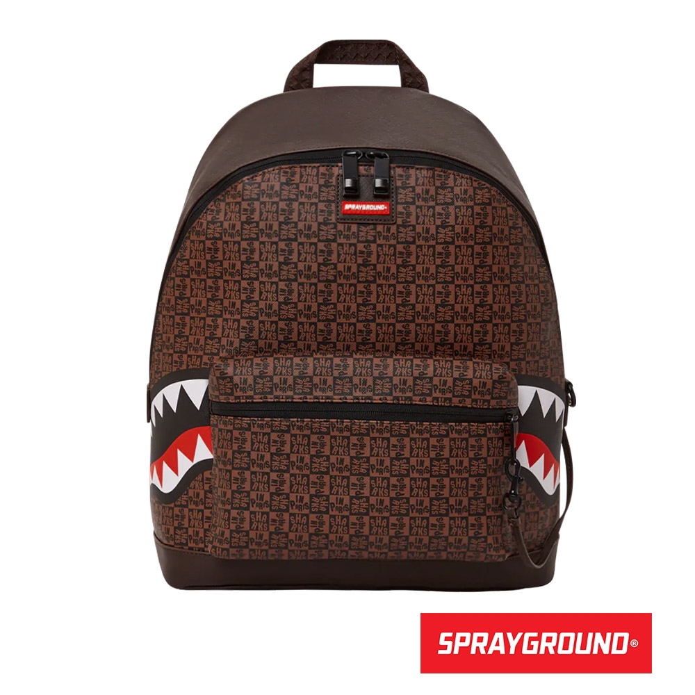 SPRAYGROUND-FRENZY SHARKS 復古方格鯊魚後背包-棕色