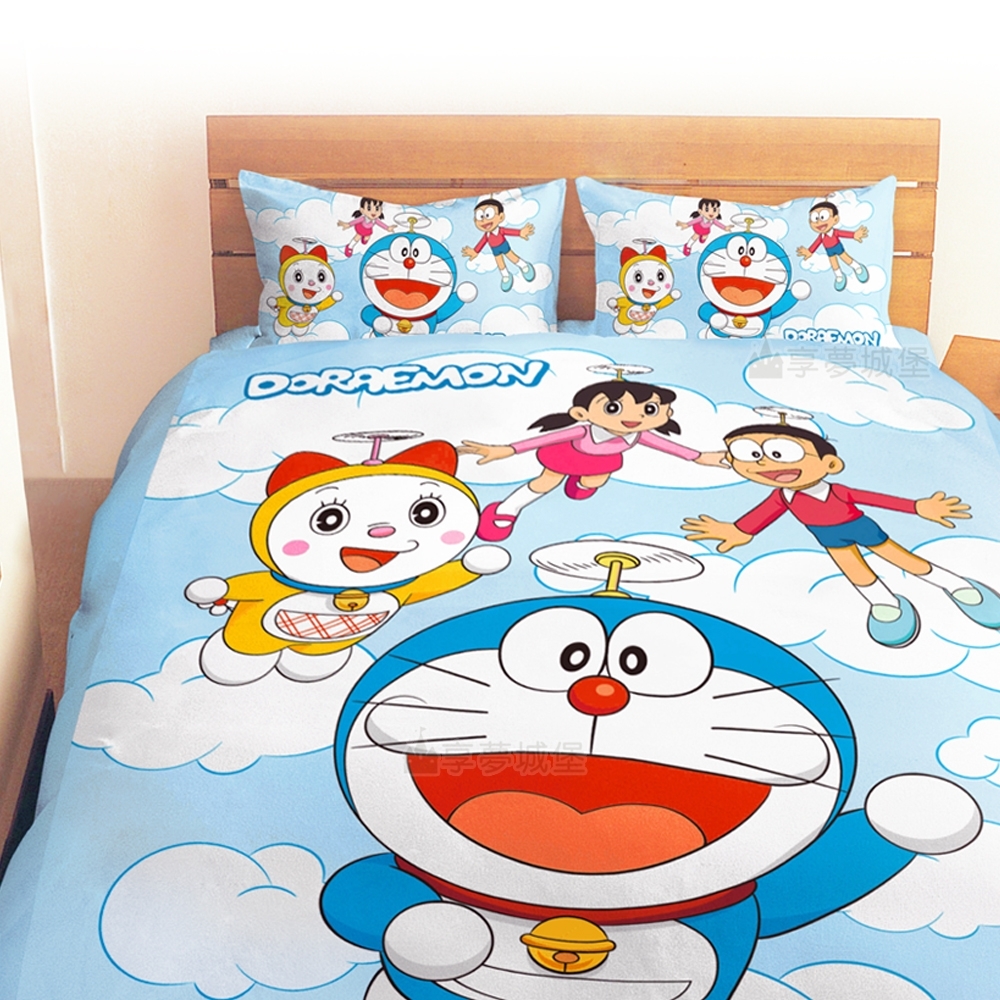 享夢城堡 雙人加大床包兩用被套四件組-哆啦A夢DORAEMON 飛向天空-藍