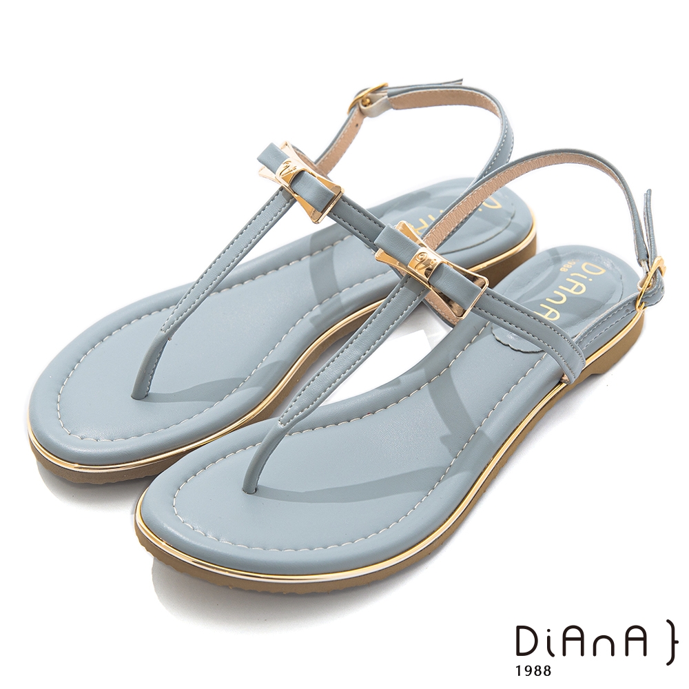 DIANA 1.5cm 超透氣纖維金屬緞帶蝴蝶結釦楔型T字夾腳涼鞋-俏麗甜美-baby藍