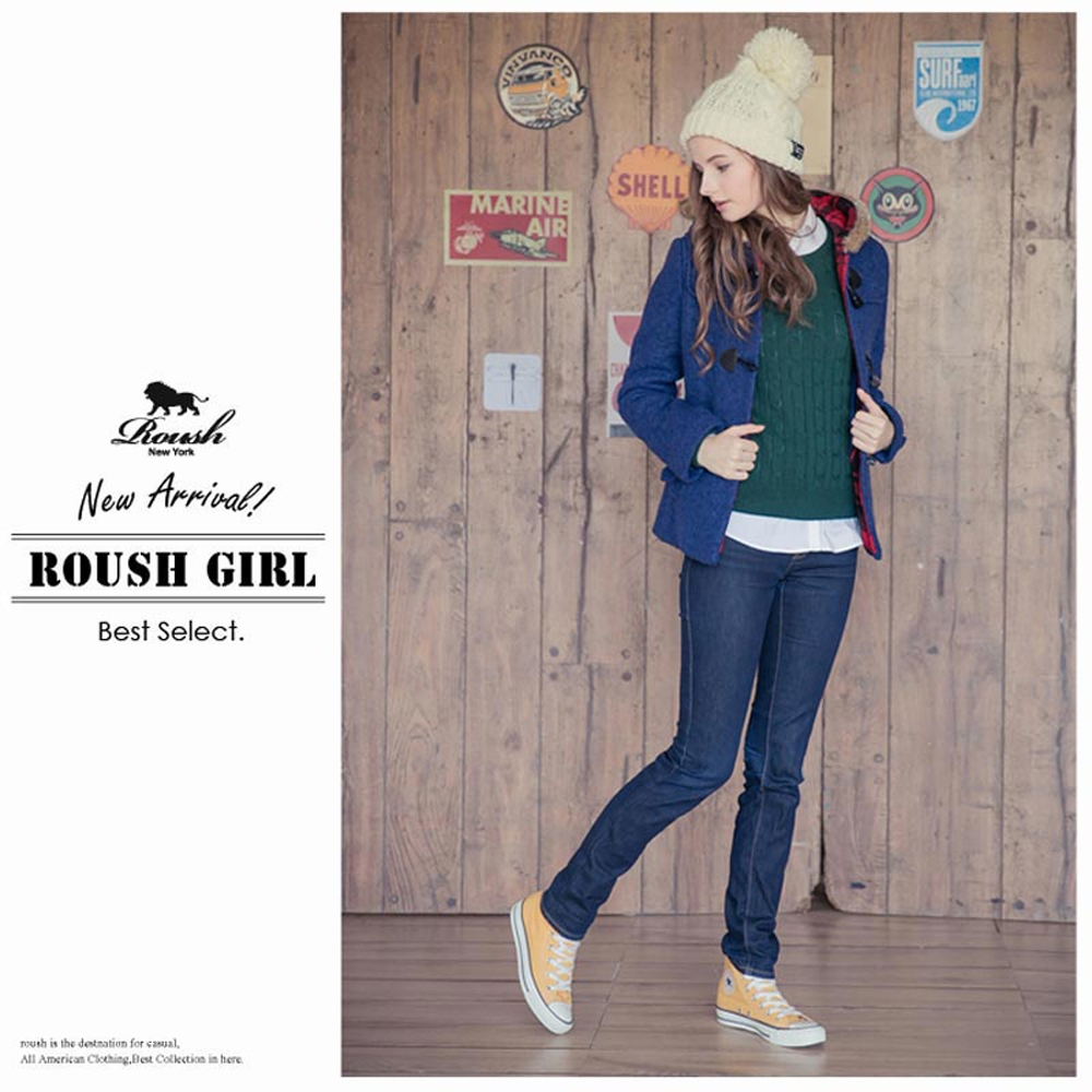 ROUSH 女生毛帽設計牛角釦毛料大衣 (4色)