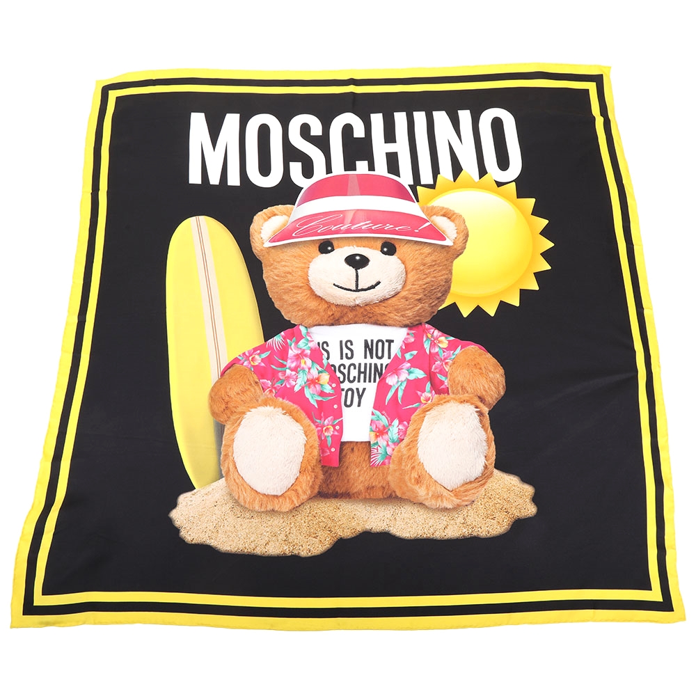 MOSCHINO 沙灘花襯衫泰迪熊印花黃框黑色真絲 披肩/綁包巾(90x90)