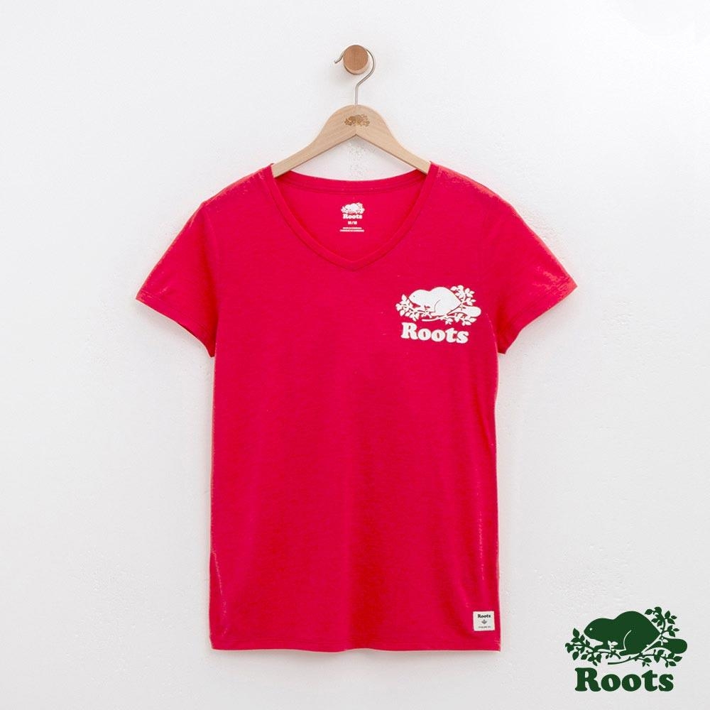 女裝Roots 左胸海狸V領短袖T恤-紅色