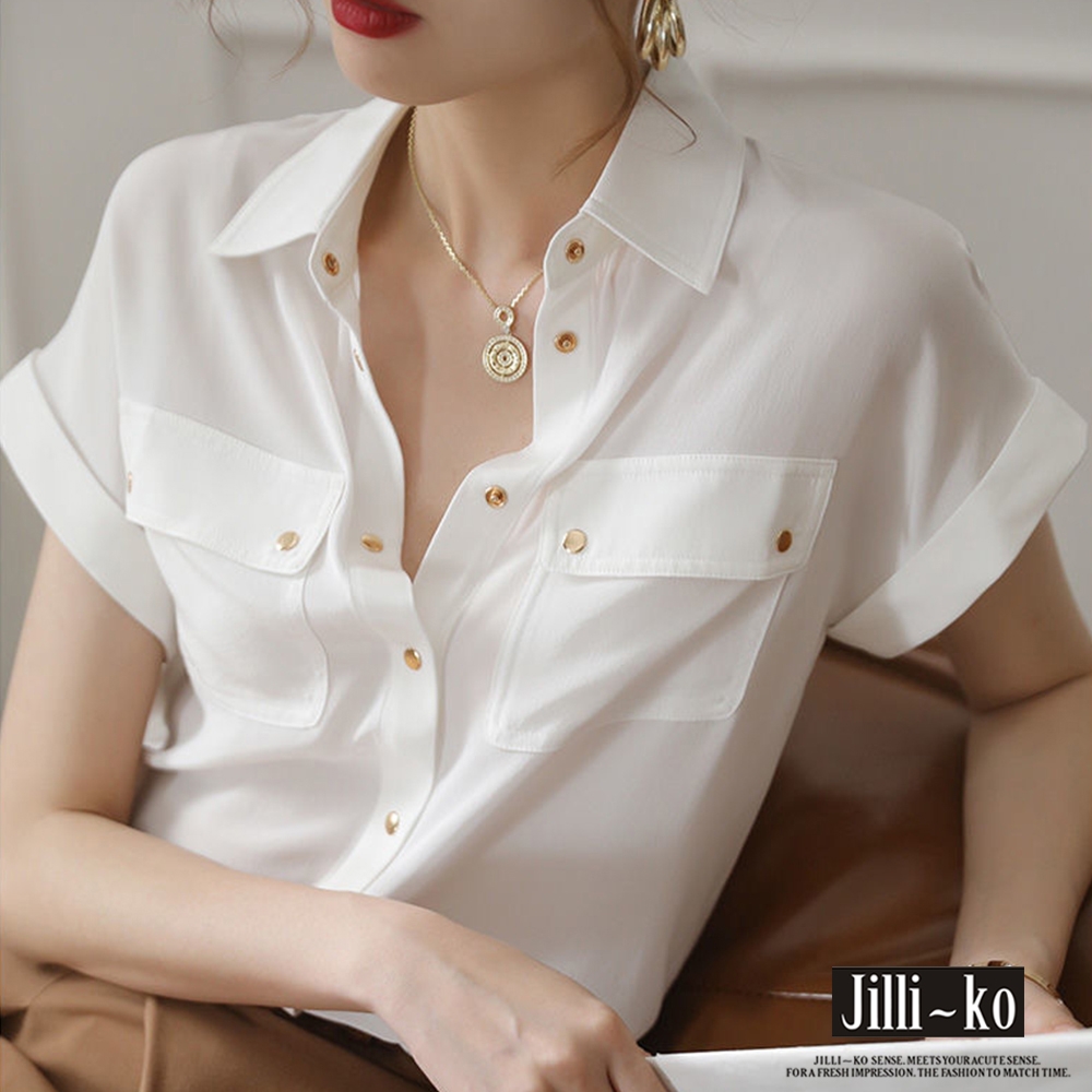 JILLI-KO 夏季新款純色氣質設計感小眾鈕扣短袖襯衫- 白/綠