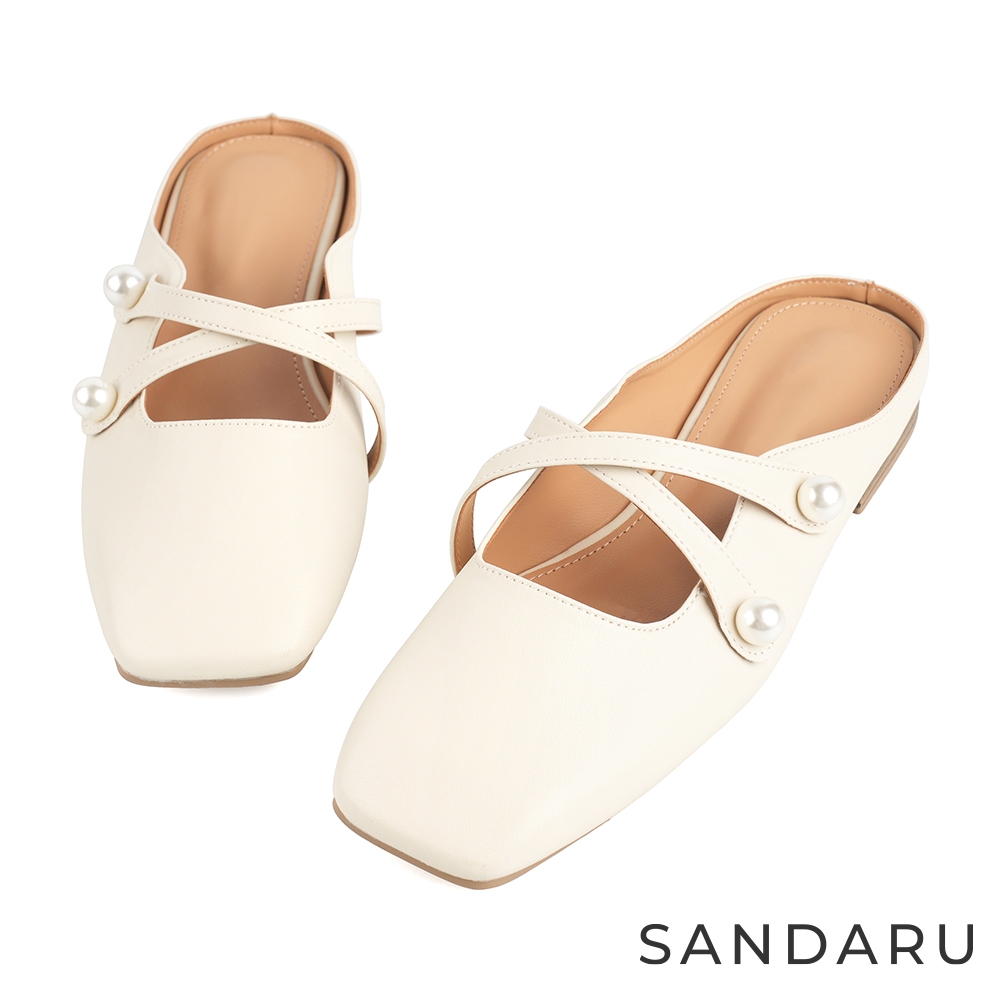 山打努SANDARU-穆勒鞋 方頭交叉造型珍珠低跟拖鞋-米白