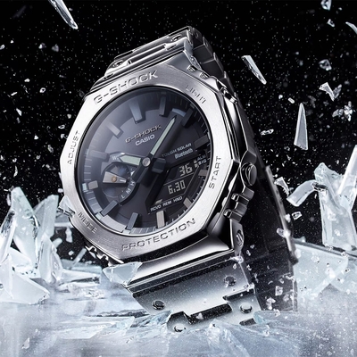 CASIO 卡西歐 G-SHOCK 八角 全金屬版 太陽能藍芽連線雙顯手錶 送禮首選-銀 GM-B2100D-1A