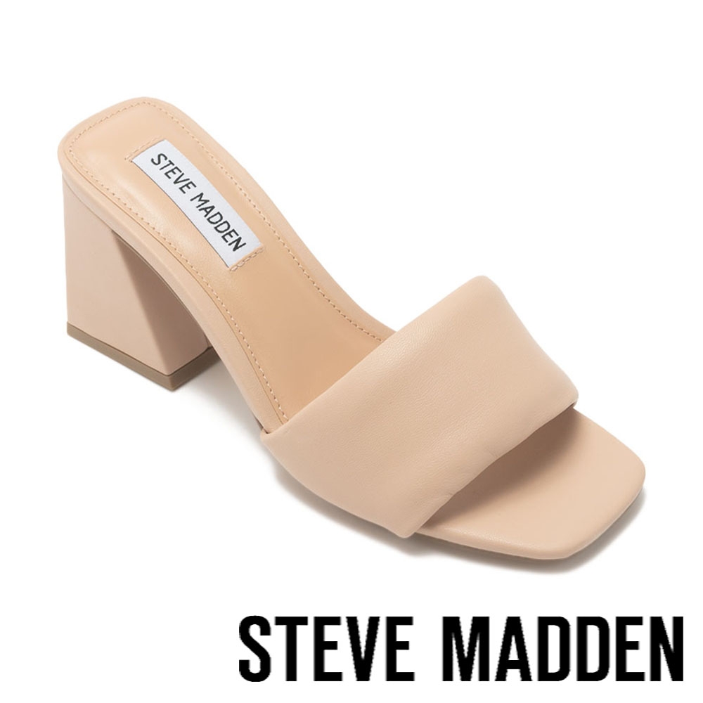STEVE MADDEN-GLORY BE 素面方頭粗跟涼拖鞋-杏色