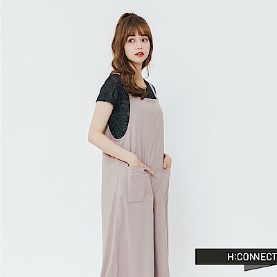 H:CONNECT 韓國品牌 女裝-雙口袋細肩連身寬褲-卡其