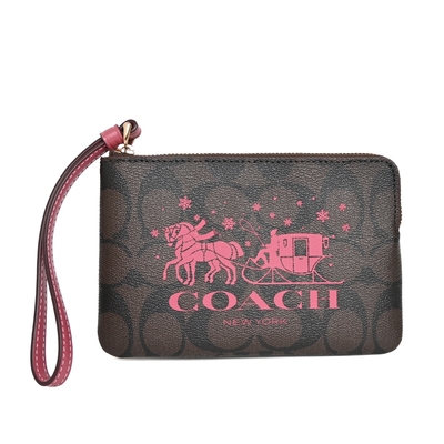 COACH深咖C Logo梅邊雪花馬車拉鍊萬用手拿包