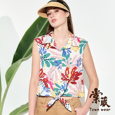 【TOWNWEAR棠葳】盛夏塗鴉純棉襯衫(中大尺碼/女上衣/女上著/無袖/綁結/鈕釦/翻領/棉質)