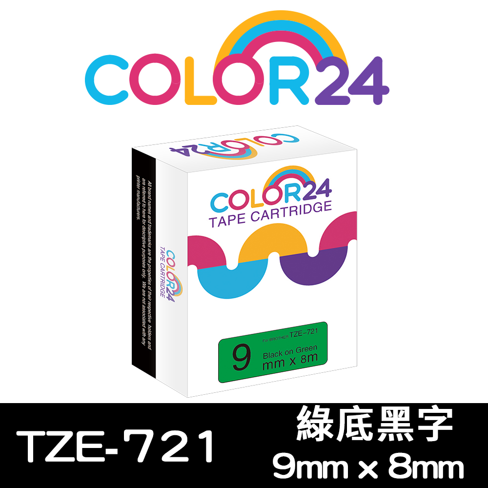 Color24 for Brother TZe-721 綠底黑字相容標籤帶(寬度9mm)