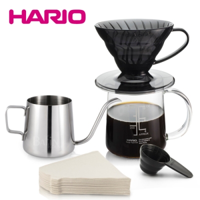 HARIO V60黑色樹脂濾杯咖啡壺組+Bafin House正把不鏽鋼細口壺350ml