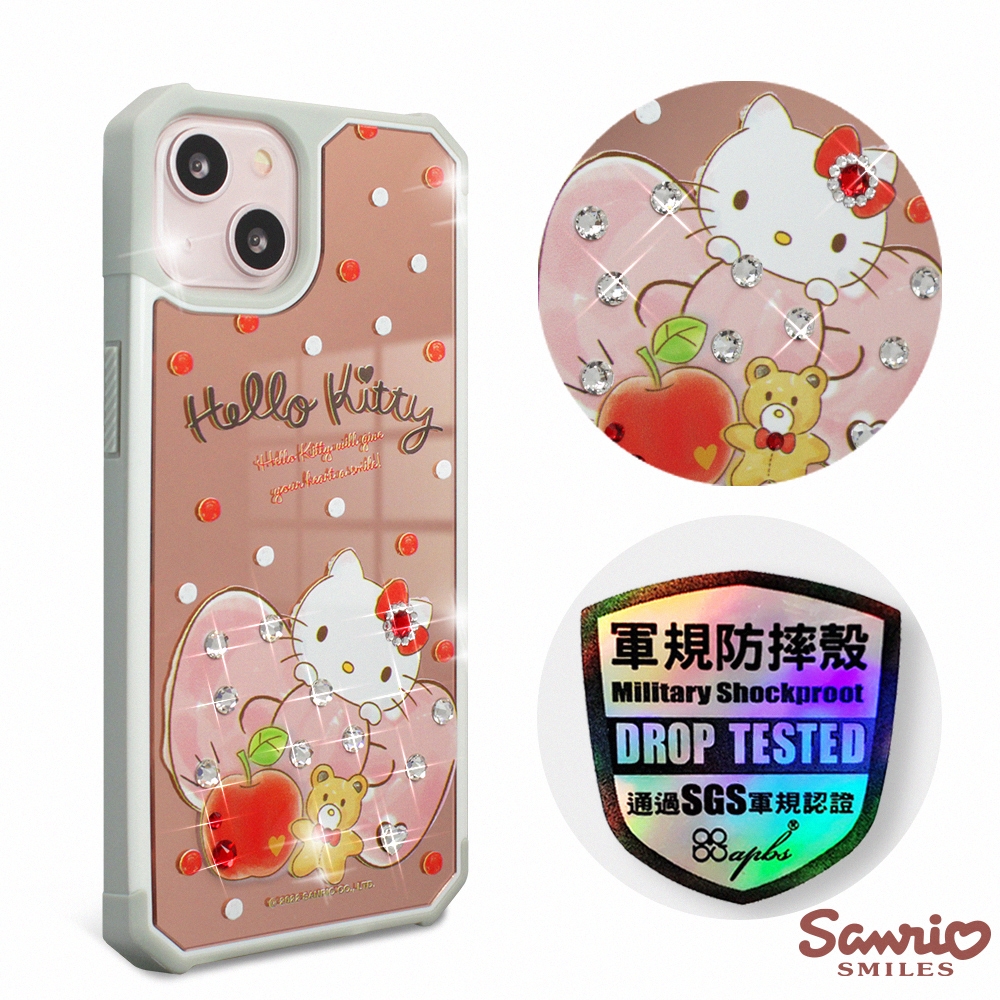 三麗鷗 Kitty iPhone 13 6.1吋軍規防摔鏡面水晶彩鑽手機殼-俏皮凱蒂